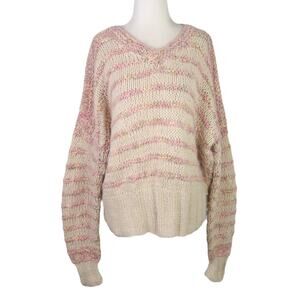 Vintage tan and pink marled stripe angora blend handknit sweater L